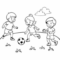 Children playing soccer joyfully on a sunny day on white background