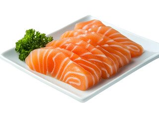 Fresh slices of salmon sashimi are arranged on a white plate