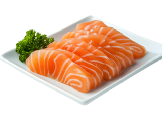 Fresh slices of salmon sashimi are arranged on a white plate