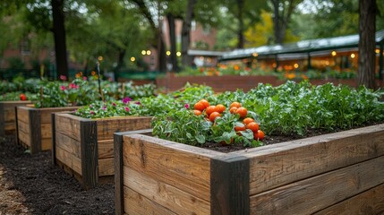 Raised garden beds with tomatoes and flowers in a park.