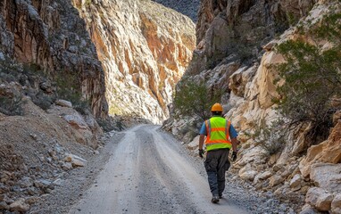 Construction worker walking along rocky road in mountainous terrain during daytime