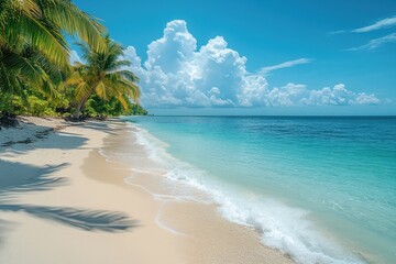 Tranquil beach with clear blue waters and lush palm trees under a bright sky