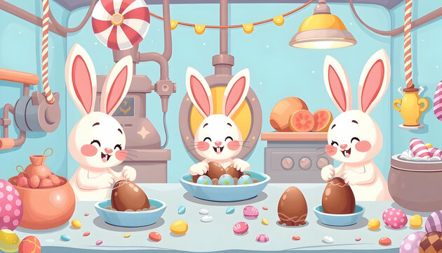 Cute Bunnies in a Colorful Kitchen Making Chocolate Easter Eggs