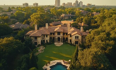 Aerial View of Luxurious Mansion Surrounded by Lush Greenery and Scenic Urban Skyline in the Background at Golden Hour