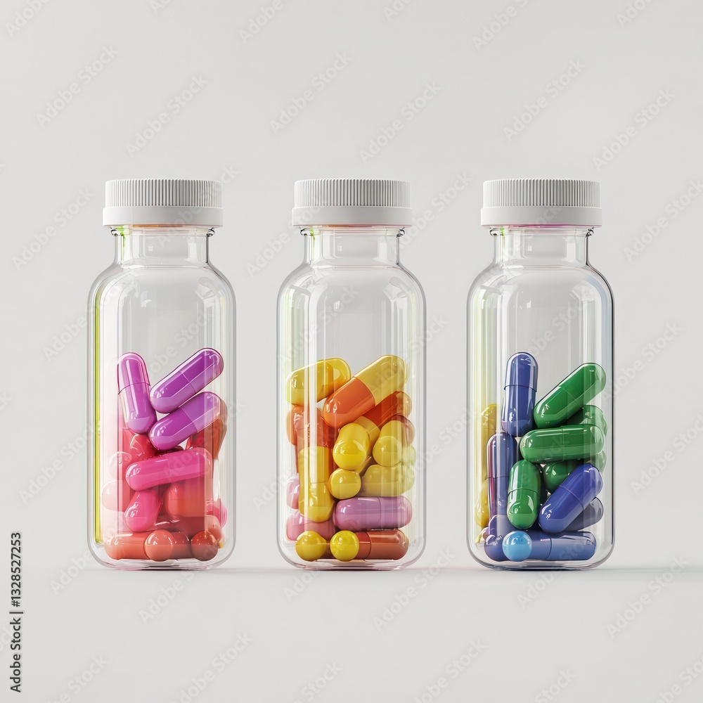 Aufkleber 3d-rendered multicolored capsule mockups displayed in clear bottles for design.