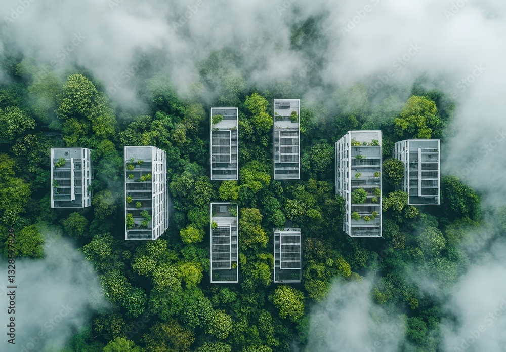 Aufkleber aerial view of modern architectural structures surrounded by lush green trees and clouds in a serene