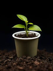 Emergence of Life: A solitary, vibrant plant, brimming with verdant leaves, sprouts from dark, fertile soil, evoking growth and renewal.