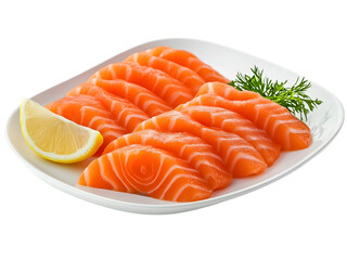 Sliced fresh salmon with lemon and garnish arranged on a plate