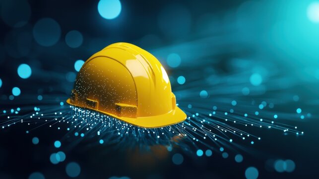 Safety Warning Symbols A hardhat symbol integrated into a digital interface, representing safety protocols and procedures in a modern industrial setting.