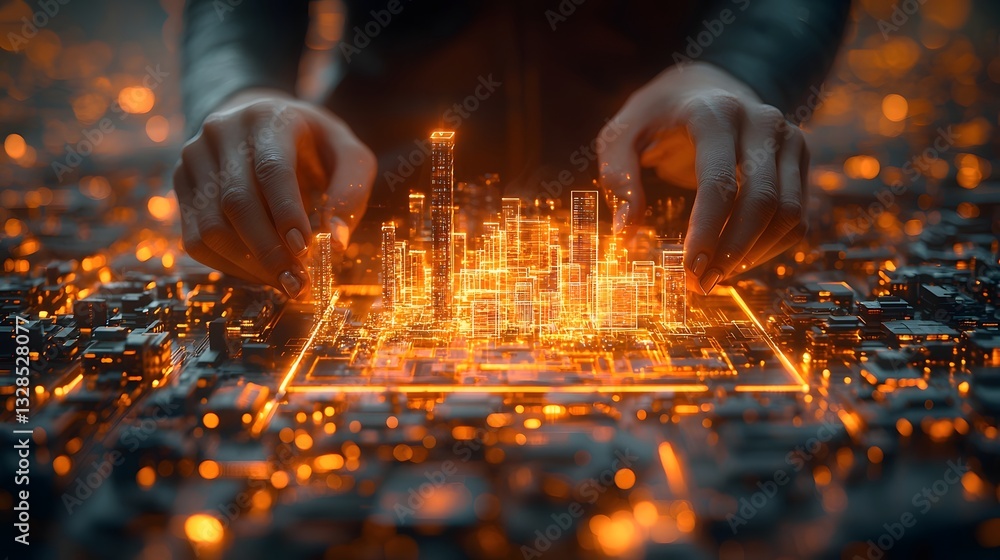 Poster visionary architect showcasing futuristic 3d building model in high tech design studio