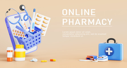 Online pharmacy 3d banner. Drugstore in mobile app, drug delivery service concept. Cartoon render smartphone with first aid medicine bag, tonometer, thermometer, syringe, pill bottle. 3D illustration
