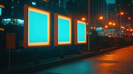 Obraz premium Three Blank Billboards Illuminate At Night In A City Environment