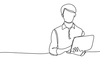 Man with laptop one line continuous. Hand drawn vector art.