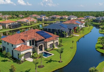 Aerial View of Modern Homes with Solar Panels by a Tranquil Lake Surrounded by Lush Greenery and Vibrant Blue Sky in a Residential Community