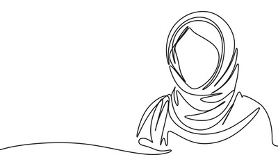 Woman in hijab one line continuous. Hand drawn vector art.