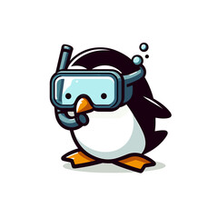 Fototapeta premium Penguin diver with snorkel mask on white background. Vector illustration for aquatic exploration, bird swimming adventures, or cute underwater excursions.