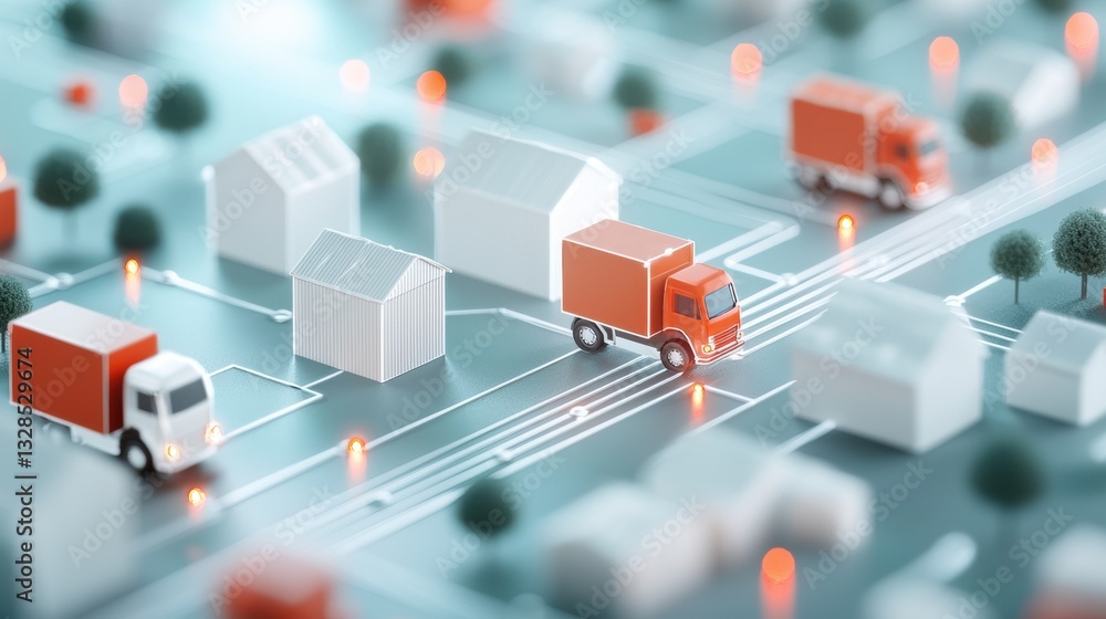 Poster connected warehousing multiple warehouses displayed on a map, connected by digital lines, representi