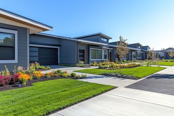 Modern townhomes, sunny day, landscaped yards, new construction