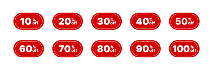 Different discount price 10, 20, 25, 30, 40, 50, 60, 70, 80, 90 percent Promotion sticker badge set for shopping marketing and advertisement clearance sale, Save money. vector illustration..
