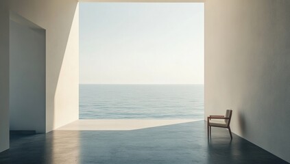 Minimalist room with ocean view, single chair.