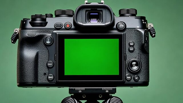 Professional Digital Camera on Tripod with Green Screen Display, Isolated on Green Background for Photography and Video Production