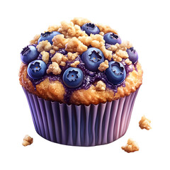 Fluffy 3D Cartoon Blueberry Muffin with Blueberries Isolated on Transparent Background