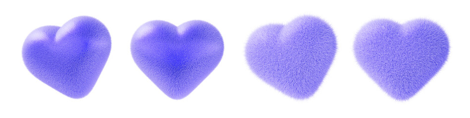 3d purple fur fluffy heart shape in different angles. Furry love symbol set with hairy texture for Valentine day, Mother holiday or wedding. Soft fuzzy pillow, isolated romantic gift. 3D illustration