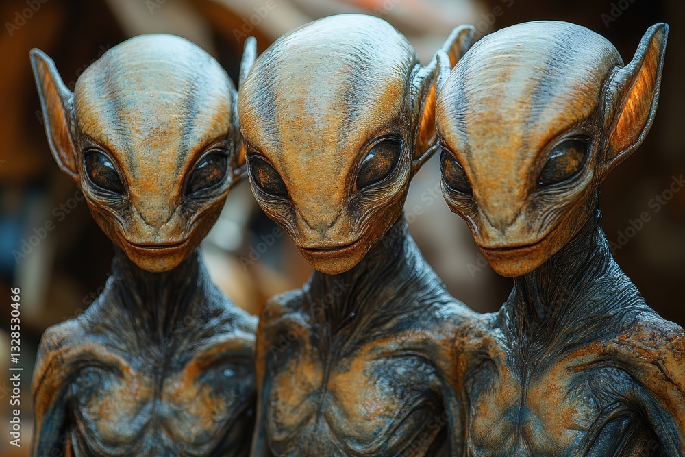 Poster three detailed alien sculptures with distinct features in an artistic display setting