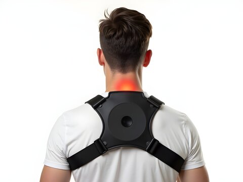 Pain Relief Technology: A man from behind showcases a innovative medical device worn around the shoulders and neck for relieving pain