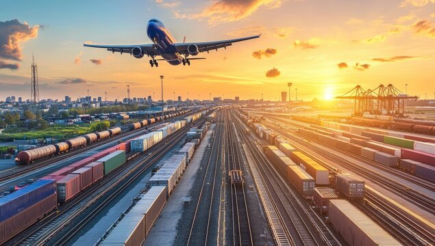 Airplane lands over cargo train tracks at sunset