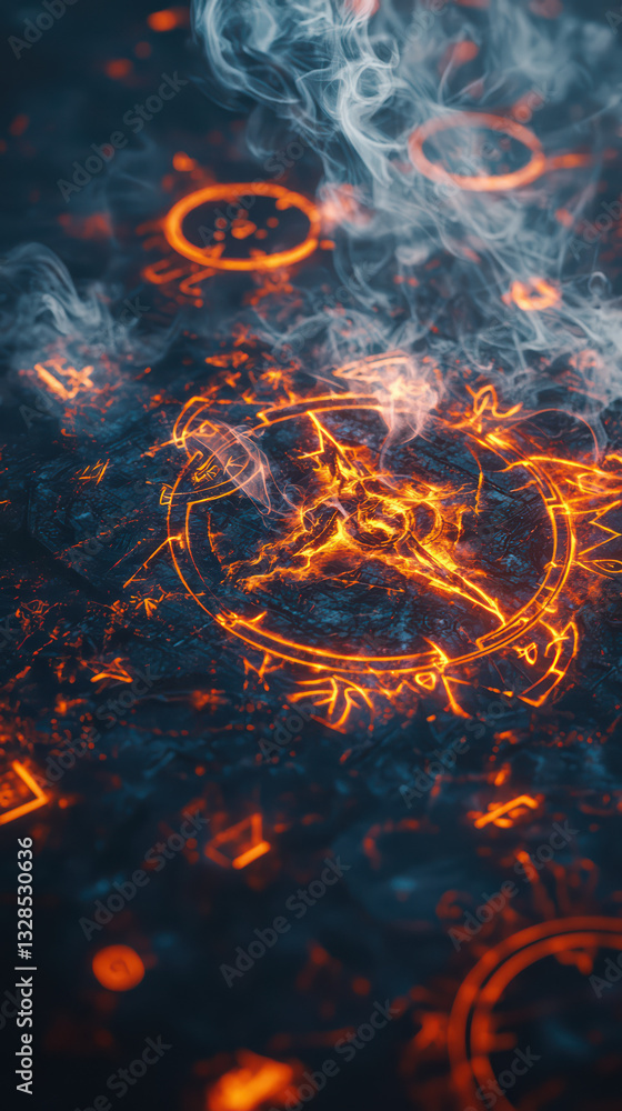 Poster mystical runes: intricate glowing runes and symbols float in ethereal smoke, creating a captivating 