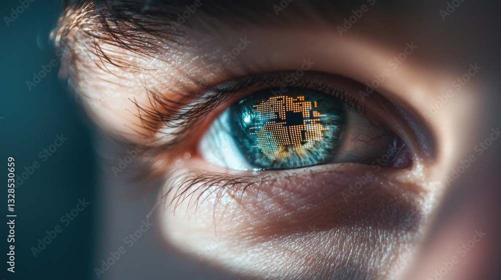 Poster eye tracking technology close up of an eye with digital tracking lines and grids superimposed, illus