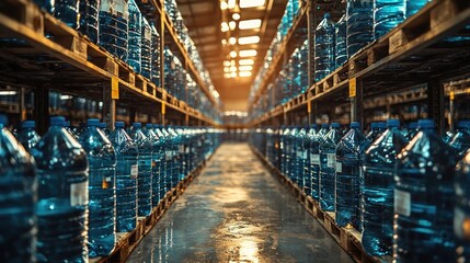 Warehouse aisle with pallets of bottled water.