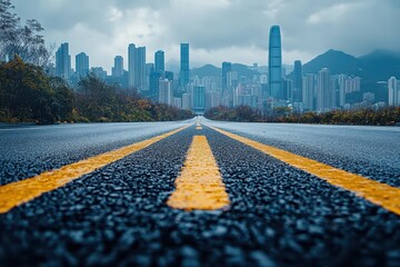 Obraz premium City skyline under overcast skies with yellow road lines leading into urban landscape