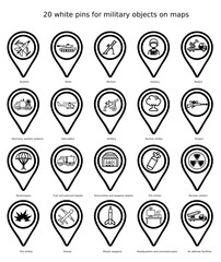 Flat map pins for military objects on white background, location icons set on transparent background. Position symbols or GPS positioning	
