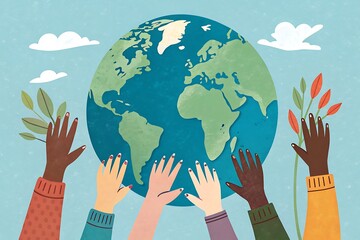 Diverse Hands Lift A Vibrant Earth, Symbolizing Global Unity And Environmental Care, Rendered In A Cheerful, Illustrative Style