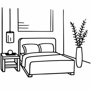 recommend clip art: Minimalist bedroom interior with bed, nightstand, lamp, and plant vase line art