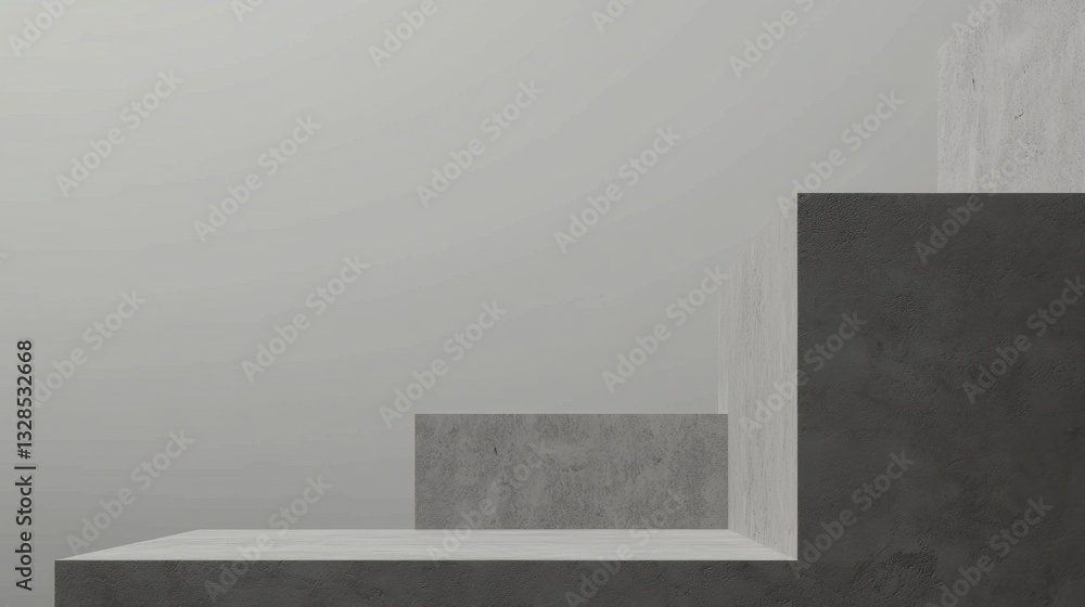 Poster a sophisticated minimalist platform with smooth edges and a muted, abstract gray backdrop.