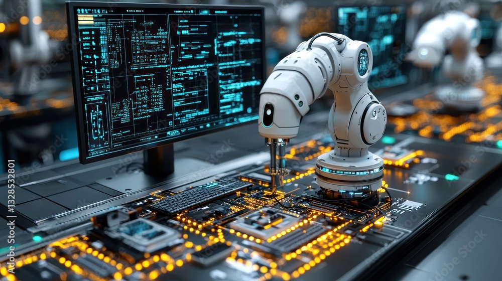 Poster robotic arm assembling circuit board on production line.