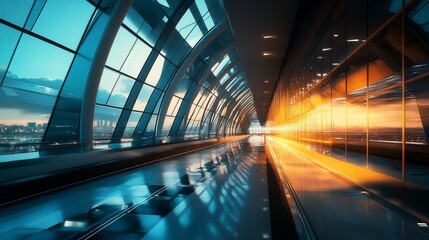Modern Airport Terminal with Glass Walls at Sunset, architectural design of building