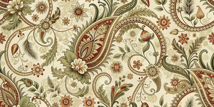 Elegant paisley pattern featuring intricate floral designs and swirling motifs on a creamy background