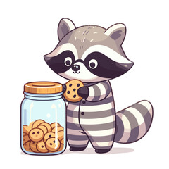 Fototapeta premium Raccoon with cookie jar in striped shirt. Vector illustration perfect for sweet treats themes and mischievous character concepts.