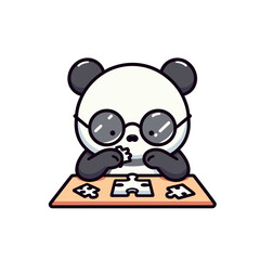 Panda solving jigsaw puzzle with sunglasses. Vector illustration perfect for brain games and problem-solving educational content.