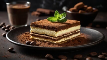 A plate of classic Italian tiramisu, layered with mascarpone cheese and coffee-soaked ladyfingers, dusted with cocoa powder. A fresh mint leaf on top adds a refreshing touch. The plate is surrounded b