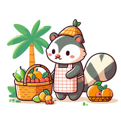 Fototapeta premium Raccoon fruit vendor with citrus basket and apron. Vector illustration perfect for farmers markets and fresh produce business themes.