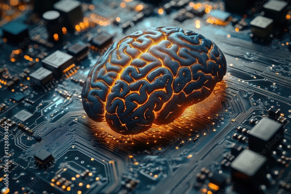 Poster artificial intelligence brain integrated with circuit board technology illuminating digital circuits