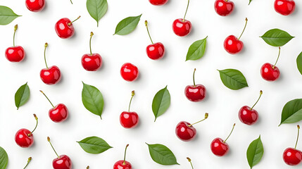 Fresh Red Cherries and Green Leaves on White Background
