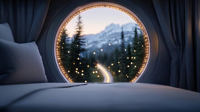 Futuristic Tunnel Design View from inside a hyperloop pod looking through the transparent front at the illuminated tunnel ahead, showcasing the passenger experience.