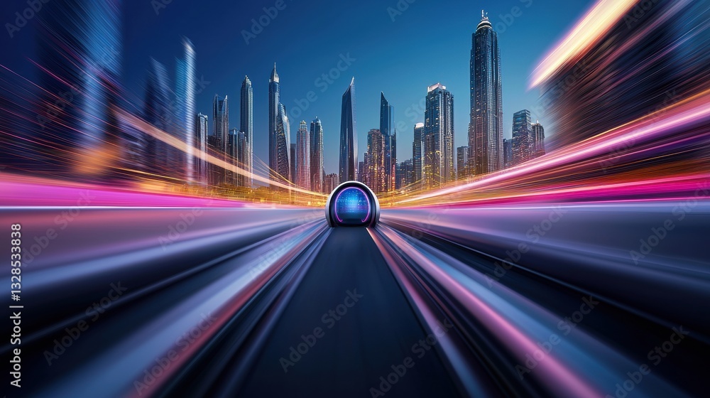 Poster high speed motion blur cityscape blurring past as seen from the window of a high speed hyperloop pod