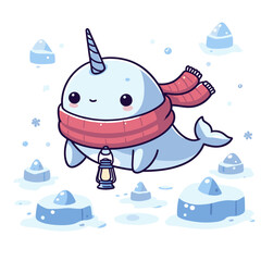 Narwhal in winter scarf with lantern on ice floes. Vector illustration perfect for arctic holiday themes and fantasy sea character design.